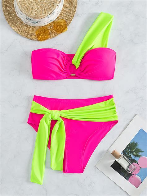 SHEIN Swim Vcay Color Block Bikini Set One Shoulder O Ring Linked Top