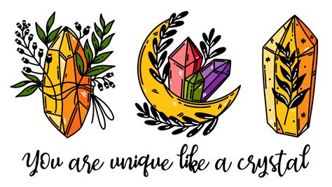 Bright Magic Crystals Vector Set Moon Prism Quartz With Flowers