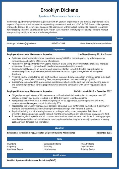 Apartment Maintenance Supervisor Resume CV Example And Writing Guide