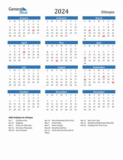 Ethiopia 2024 Calendar With Holidays