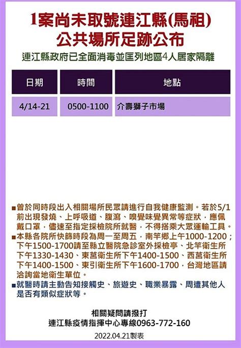 縣疫情指揮中心公布1確診者公共場所足跡 匡列4人居家隔離 馬祖日報