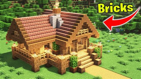 How To Build Wooden Survival House With Brick Roof Minecraft Tutorial