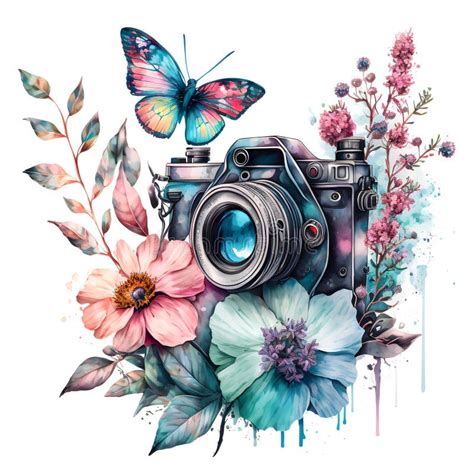 Watercolor Camera With Flowers Sketch Wildflowers Stock Illustration