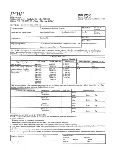 Utah Exempt Employee Group Term Life Enrollment Form Fill Out Sign