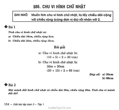 Giải toán lớp 3 Chu vi hình chữ nhật