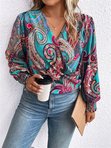 Shein Lune Plus Paisley Print Lantern Sleeve Overlap Collar Blouse