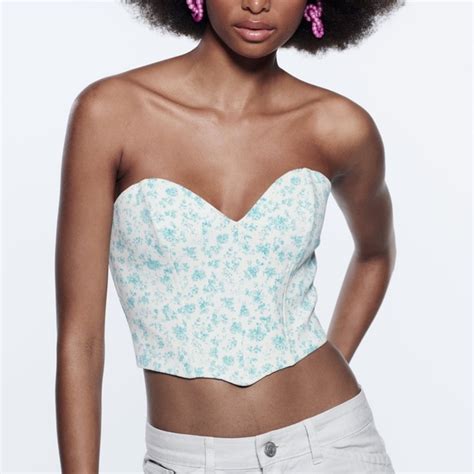 Zara Tops Zara Floral Corset Crop Top Blue White Poshmark