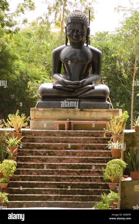 Black statue of Mahavira founder of Jainism religion Sarnath Varanasi ...