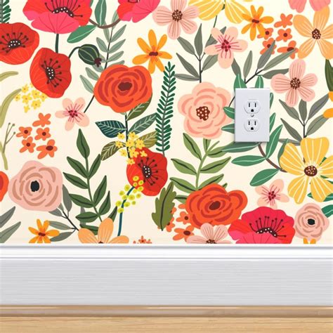 Botanical Wallpaper 16 Country Flowers Ivory by - Etsy