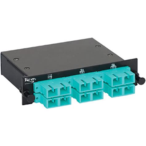 Sc Mpo Fiber Optic Lgx Cassette With Aqua Multimode Adapters And 12 10g Om3 Fibers Icc