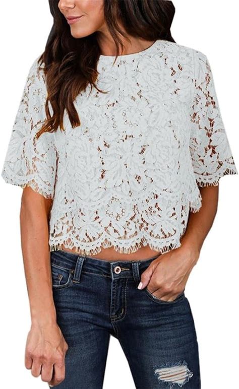 Bluse Damen Kolylong Frauen Elegant Spitze Kurzarm Blusen Vintage