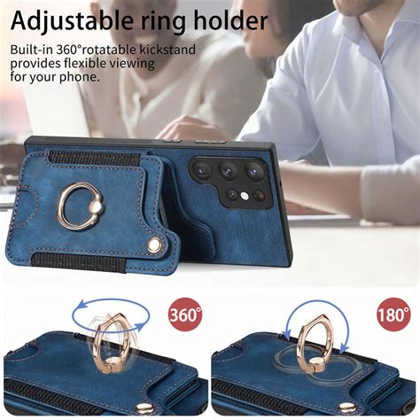 Samsung Galaxy S22 Ultra Leather Wallet Case With Rfid Credit Card Holder Wrist Strap Ring Stand