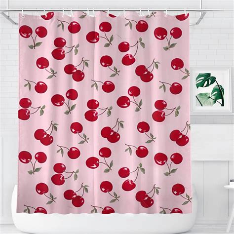 Komiku Fruit Shower Curtain Pink Cherry Aesthetic Watercolor Shower Curtain Set