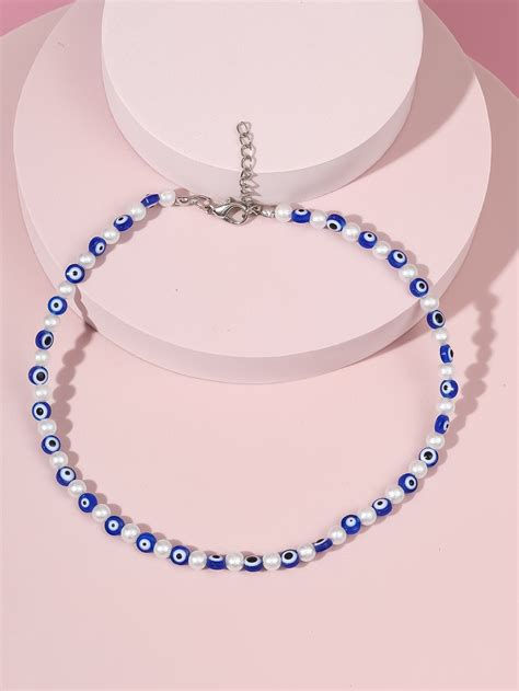 Evil Eye Faux Pearl Decor Beaded Necklace