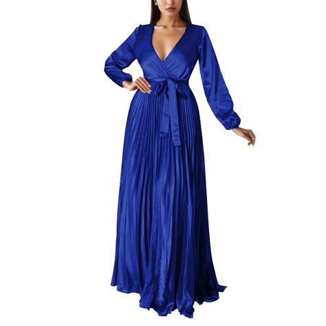 Women Elegant Wrap V Neck Sashes Waist Pleated Maxi Dress Long Sleeve