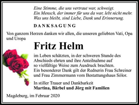 Traueranzeigen Von Fritz Helm Abschied Nehmen De