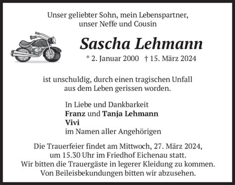 Traueranzeigen Von Sascha Lehmann Trauer Merkur De