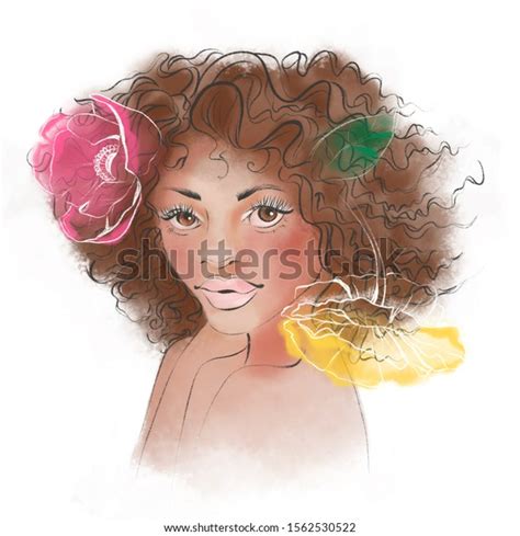 Beautufil African American Woman Flowers Watercolor Stock Illustration