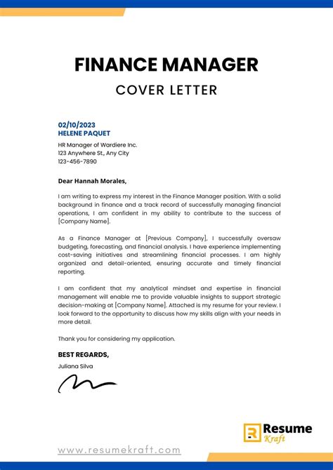 Finance Manager Cover Letter Examples And Templates In