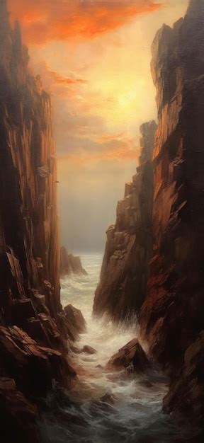 Premium AI Image | A painting of a cliff with a sunset in the background.