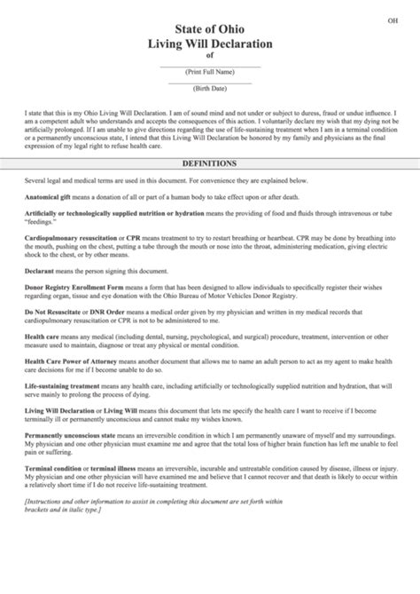 Fillable State Of Ohio Living Will Declaration Template Printable Pdf