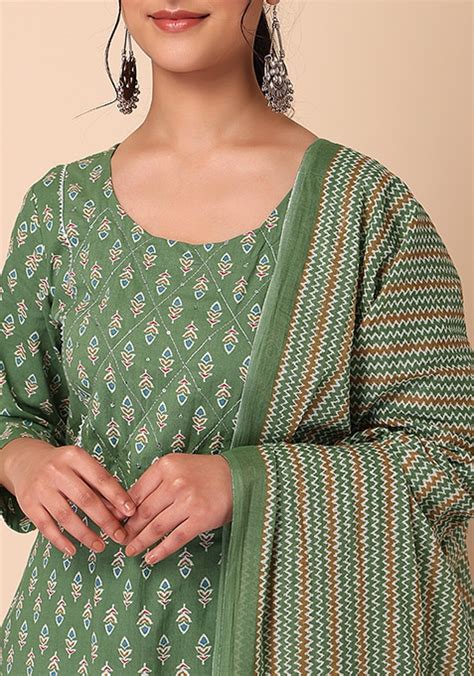 Buy Women Green Abstract Print Cotton Kurta With Pants And Dupatta Set