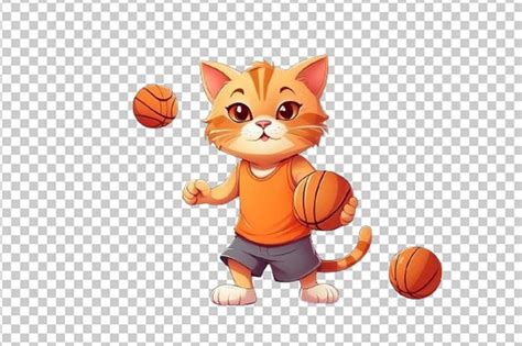 Lindo Gato Juega Baloncesto En Un Estilo De Dibujos Animados Archivo