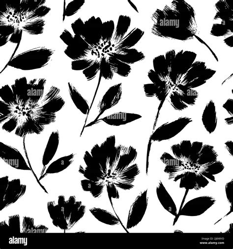 Ink drawing black flowers vector seamless pattern Stock Vector Image & Art - Alamy