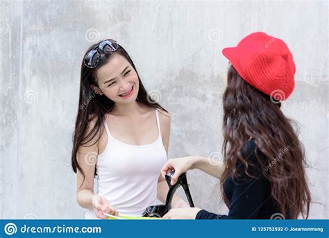 Duo Asian Portrait Girl Has Happy And Smiling With Shopping Colo Stock