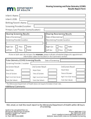 Fillable Online Hearing Screening And Pulse Oximetry Cchd Results