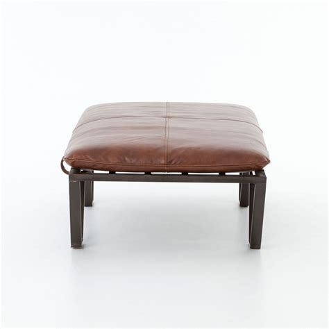 Darrow Tan Leather Ottoman with Geometric Metal Legs | Zin Home