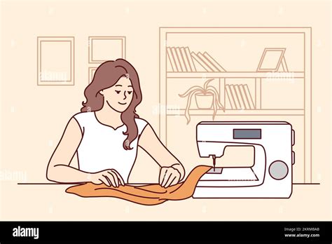 Happy Young Woman Sit At Table Sew On Machine At Home Smiling Female