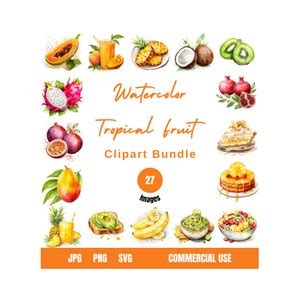 Watercolor Tropical Fruit Clipart Bundle Pineapple Png Etsy