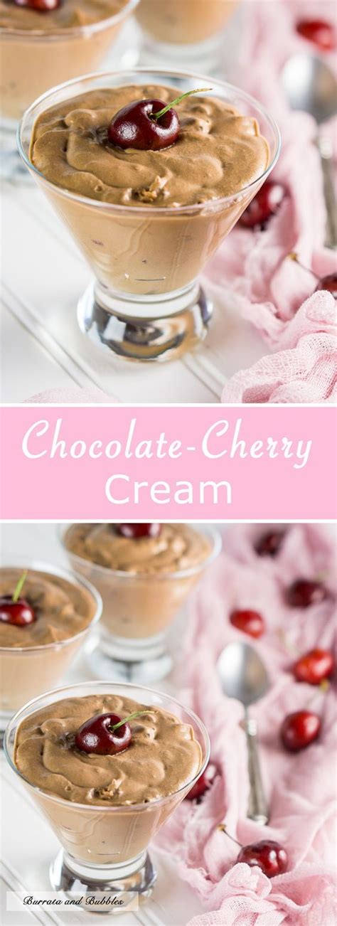 chocolate - cherry cream in small bowls with spoons and cherries on the ...