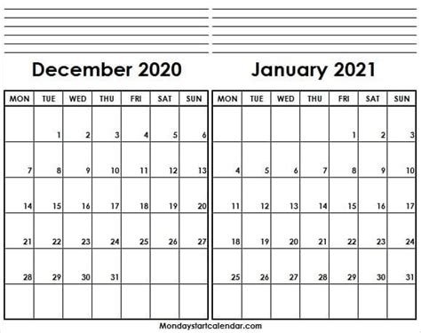 December 2020 January 2021 Calendar Excel Editable Calendar 2020