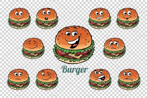 Burger Fast Food Emotions Characters Collection Set Character Collection Retro Comic Book