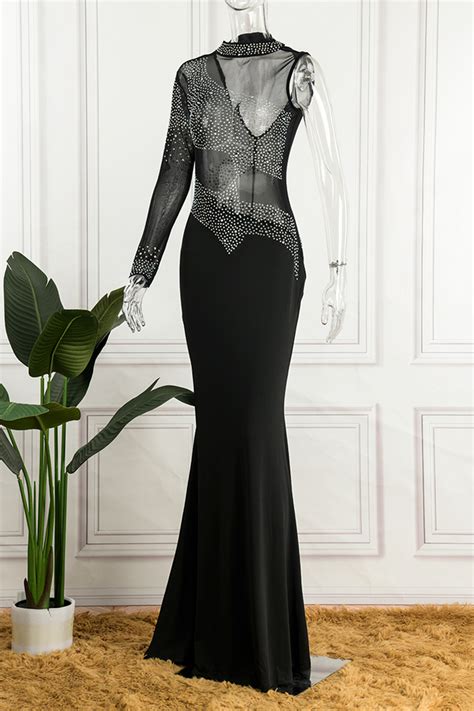 Wholesale Black Sexy Formal Patchwork Hot Drilling See Through Turtleneck Evening Dress Dresses