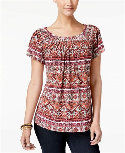 Style And Co Printed Pleat Neck Top Created For Macys Macys