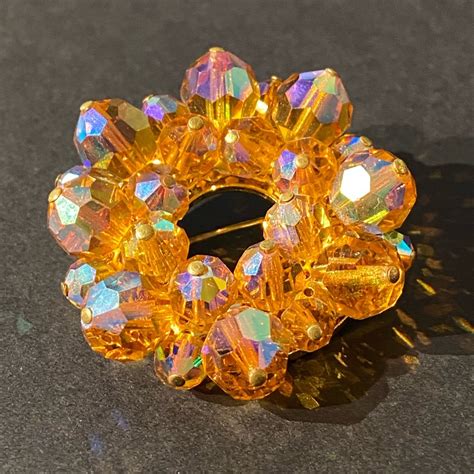 Vintage S Amber Aurora Boreallis Brooch Pin Gem