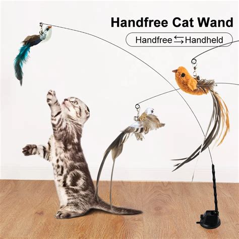 Handfree Bird Feather Cat Wand With Bell Powerful Suction Cup Interactive Toys For Cats Kitten