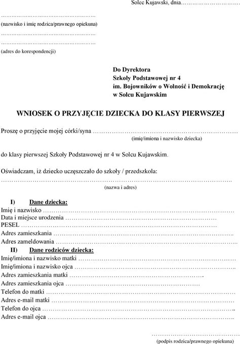 WNIOSEK O PRZYJĘCIE DZIECKA DO KLASY PIERWSZEJ PDF Darmowe pobieranie