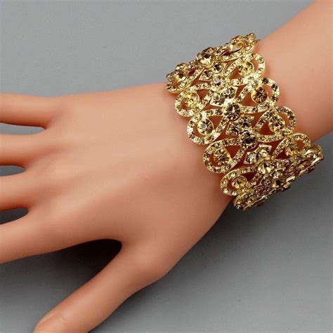 18k Gold Plated Topaz Crystal Rhinestone Wedding Bangle Cuff Stretch