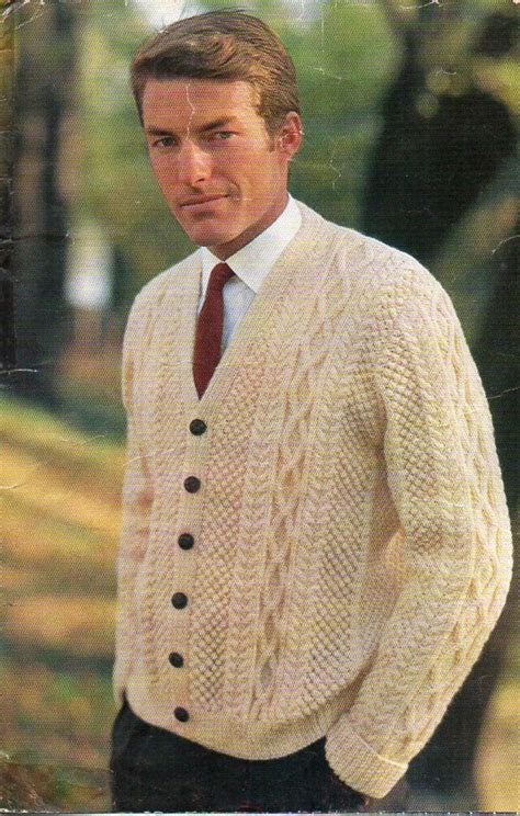 Vintage Mens Aran Cardigan Knitting Pattern Pdf Mans V Neck Cable