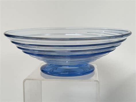 Whitefriars Sapphire Blue Ribbon Trailed Art Deco Glass Footed Bowl EBay