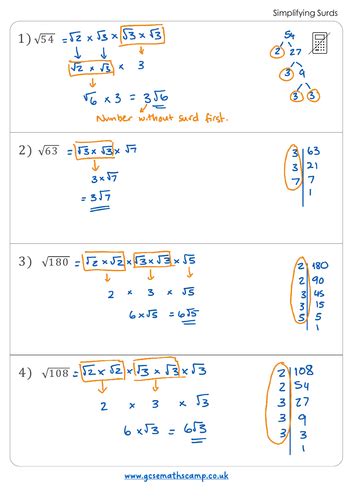 Simplifying Surds Worksheet Teaching Resources