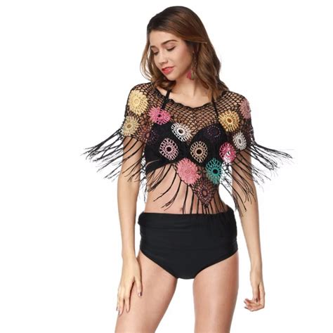 Crochet Swimsuit Cover Up Women Hollow Tassel Floral Bead Bikini Cover