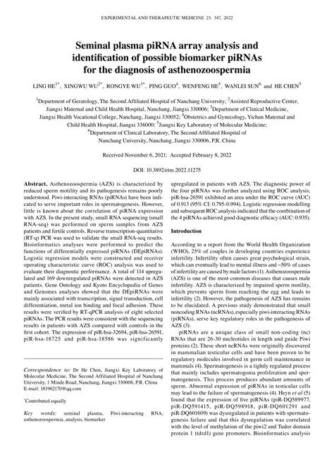 (PDF) Seminal plasma piRNA array analysis and identification of possible biomarker piRNAs for ...