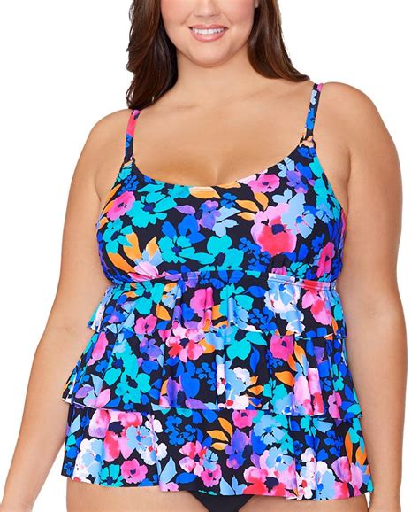 Island Escape Plus Size Floral Print Tiered Underwire Tankini Top