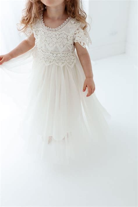 Boho Ivory Flower Girl Dress Floor Length Tulle Wedding Etsy In 2021 Flower Girl Dresses