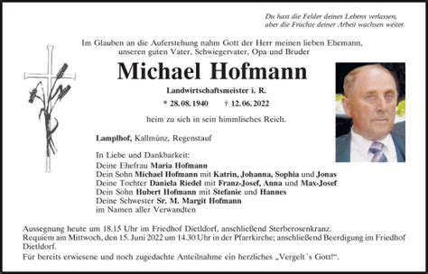 Traueranzeigen Von Michael Hofmann Mittelbayerische Trauer